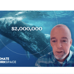 An image of Linwood Pendleton’s face is superimposed on a background of a whale swimming underwater with the text “$2,000,000” in a circle over the whale. The Climate Workspace logo is in the bottom left corner. 