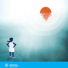 the cover of the UN Report, Navigating New Horizons: A global foresight report on planetary health and human wellbeing, shows the UN Environment Programme and International Science Council logos, and an illustration of a girl standing with hands on hips looking at an orange sun sinking into a horizon with a watery reflection. 