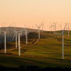 Windmills on a grassy hill lit by a sunset from a distance