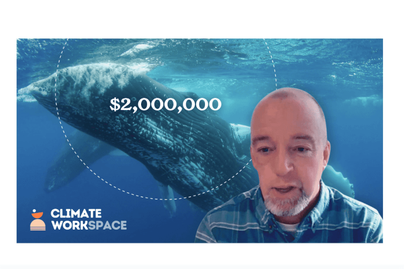 An image of Linwood Pendleton’s face is superimposed on a background of a whale swimming underwater with the text “$2,000,000” in a circle over the whale. The Climate Workspace logo is in the bottom left corner. 