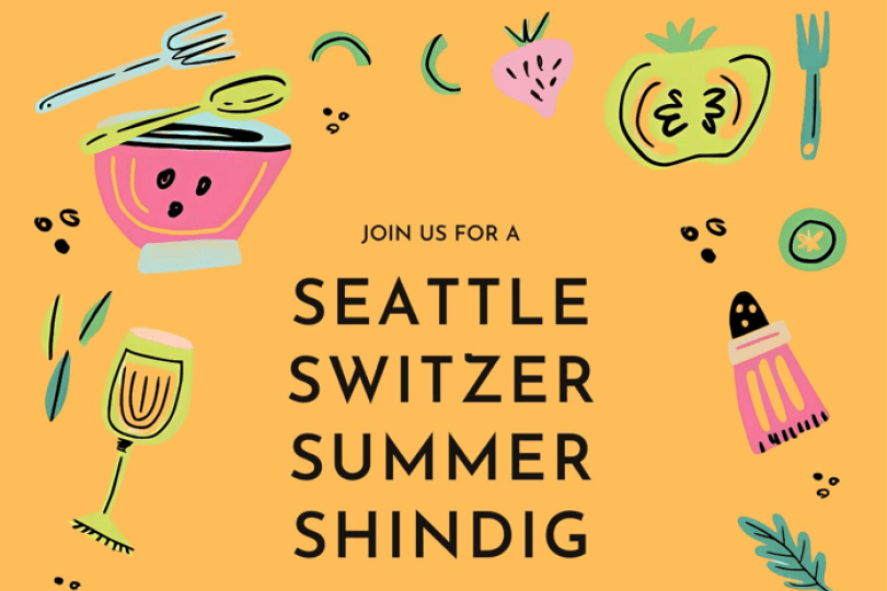 Text reads: "Join us for a Seattle Switzer Summer Shindig" on a yellow background with cute picnic themed graphics