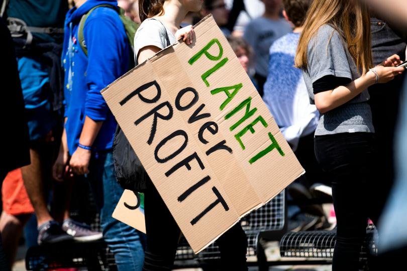 A white woman holds a cardboard sign that reads Planet over Profit in green and black text, standing in a crowd of people.